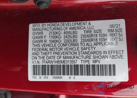 2021 Honda Cr-V 2Wd Ex-L z USA, uszkodzony, nr VIN 7FARW1H80ME013557